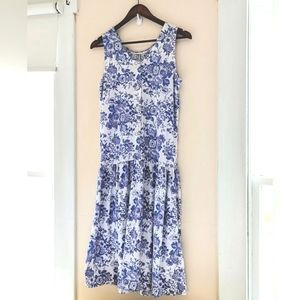 Vintage summer dress white blue floral print button front sleeveless drop waist